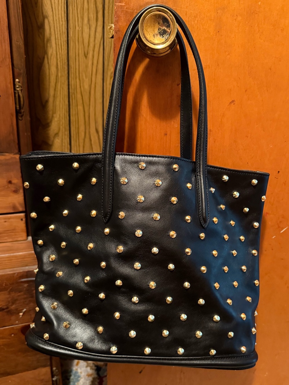 Alexander McQueen Black Leather Studded Tote with Gold Hardware